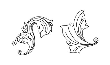 Klasik barok kabartma çiçek tomarı süsü. Girdap yaprağı süsü, çerçeve yaprağı, çiçekli yaprak seti..