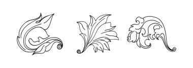 Klasik barok kabartma çiçek tomarı süsü. Girdap yaprağı süsü, çerçeve yaprağı, çiçekli yaprak seti..