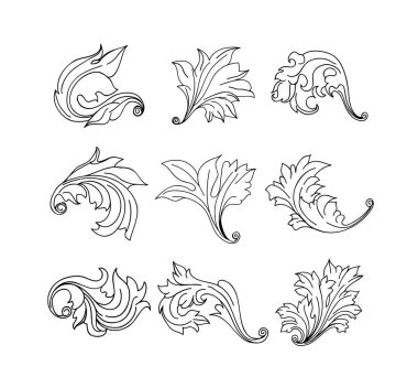 Klasik barok kabartma çiçek tomarı süsü. Girdap yaprağı süsü, çerçeve yaprağı, çiçekli yaprak seti..