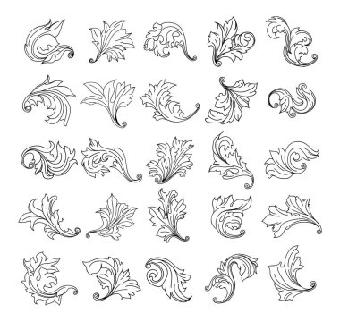 Klasik barok kabartma çiçek tomarı süsü. Girdap yaprağı süsü, çerçeve yaprağı, çiçekli yaprak seti..