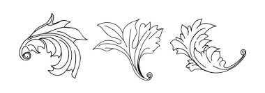 Klasik barok kabartma çiçek tomarı süsü. Girdap yaprağı süsü, çerçeve yaprağı, çiçekli yaprak seti..