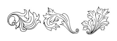 Klasik barok kabartma çiçek tomarı süsü. Girdap yaprağı süsü, çerçeve yaprağı, çiçekli yaprak seti..