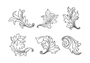 Klasik barok kabartma çiçek tomarı süsü. Girdap yaprağı süsü, çerçeve yaprağı, çiçekli yaprak seti..