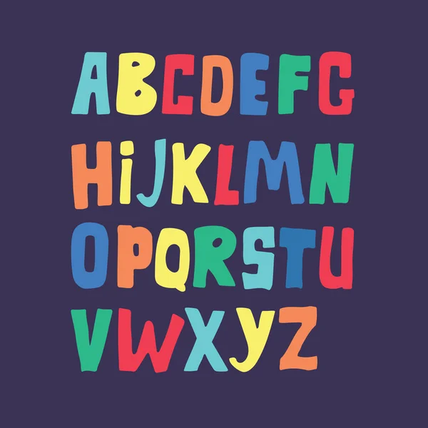 蓝色背景上自由手绘字体的矢量平面图解 色彩艳丽的字体 风格流畅有趣 素描排版 Abc 英文字母的字母 排字稿的平面设计 — 图库照片