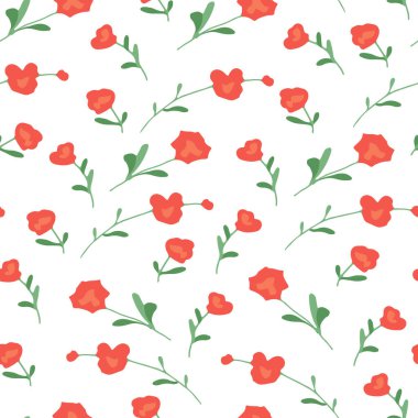 Beyaz arka planda gül çiçekli romantik düz vektör deseni. Kusursuz. Kumaş örneği. Tekstil tasarımı. Kırmızı renk. Doğa düzeni. Çiçek açan basit bir paket ya da kağıt tasarımı. Yazdırma tasarımı.