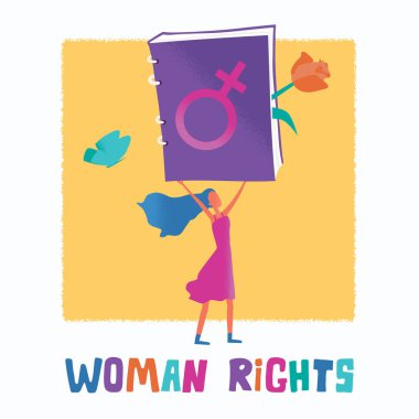 Elinde büyük bir kitapla kadının yarı düz bir şekilde resmedilmiş hali. Feminizm protestosu. Uluslararası dayanışma günü. Kız gücü. Kadın hakları ve renkli destek kavramı. Hareket.  