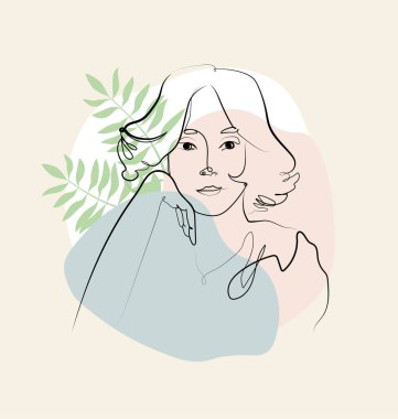 Genç kızın vektör minimum çizgisel çizimi elini yumuşak pembe arka planda tutarak yüzünü destekliyor. Poster çizimi, el çizimi tişört baskısı, çamaşır makinesi tasarımı. Güzel bir kadın portresi..