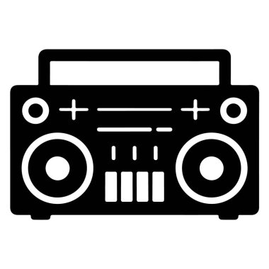 Beyaz arkaplanda izole edilmiş siyah bir boombox, bir parti için klasik ve retro müzik çalar vektör ilüstrasyonuName