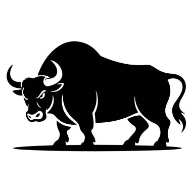 Beyaz arka planda izole edilmiş siyah bir boğa. Bir iş logosu için güçlü ve güçlü bir hayvan vektör çizimi.