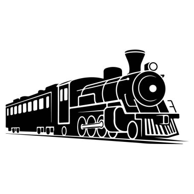 Beyaz zemin üzerinde izole yolcu vagonları olan klasik bir tren lokomotifi, demiryolu taşımacılığı sembolü.