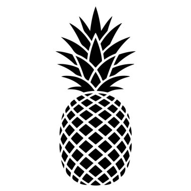 Beyaz arka planda izole edilmiş bir ananas silueti, dikenli bir taç ve dokulu ciltli tropikal bir meyve.