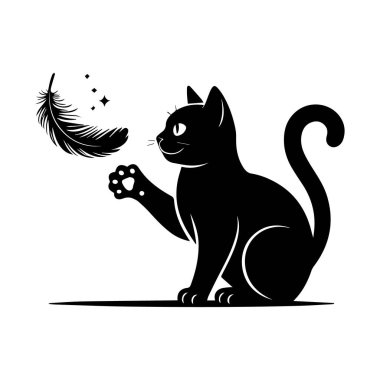 Siyah kedi silueti tüyle oynuyor