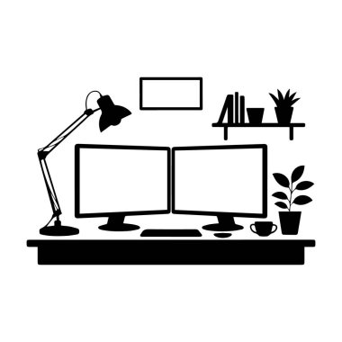 Çift monitörler, lambalar, bitkiler ve kitaplarla ev ofis masasının vektör sanatı. Uzak çalışma için modern çalışma alanı