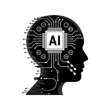 Yapay zeka konseptinin vektör sanatı bir devre kartı ile insan kafası siluetini gösteriyor