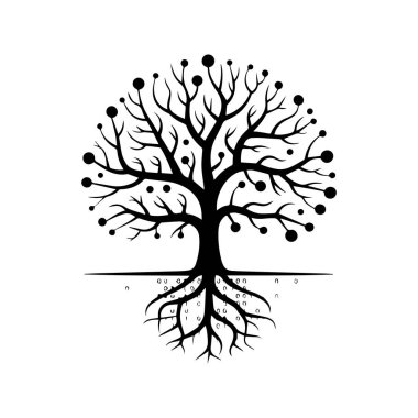 Kökleri ve dijital ağ düğümleri olan ağaç vektör sanatı, büyüme ve bağlanabilirliği temsil eder