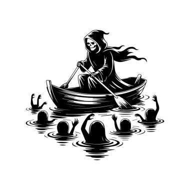 Zalim Azrail kayığının vektör sanatı. Boğulan ruhlarla dolu. Cadılar Bayramı teması için karanlık ve korkunç bir illüstrasyon.