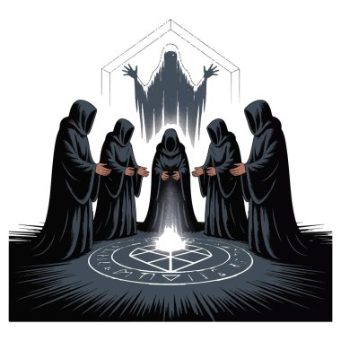 Bir grup kukuletalı şahsın vektör sanatı bir pentagram etrafında gizemli bir hayaletle bir ritüel gerçekleştiriyor.