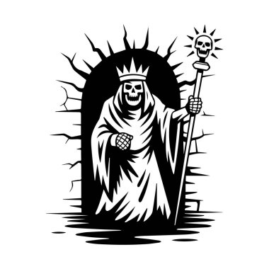 Tacı ve asası olan Azrail 'in vektör sanatı cadılar bayramı tasarımı ve dekorasyonu için vektör çizimi.