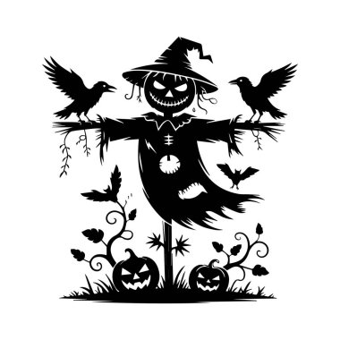 Kargalar ve balkabaklarıyla ürkütücü korkuluk vektör sanatı. Siyah-beyaz bir cadılar bayramı sahnesi.