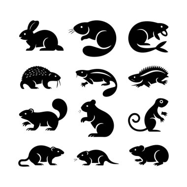 Tavşan, kunduz, kirpi, kokarca, sincap, fare ve fare de dahil olmak üzere kemirgen simgeleri koleksiyonu