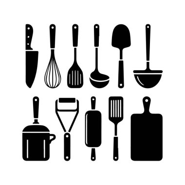 Mutfak aletlerinin vektör sanatı bıçak, çırpı, spatula, kepçe ve kesim tahtası gibi yemek aletlerinin silüet koleksiyonu