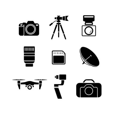 Kamera, tripod, lens, drone, hafıza kartı ve uydu anteni de dahil olmak üzere fotoğraf ekipmanlarının vektör sanatı simgeleri seti
