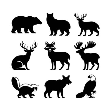 Vahşi hayvanların siluet sanatı ayı, kurt, geyik, rakun, geyik, kokarca, çakal, siyah beyaz tarzda kartal