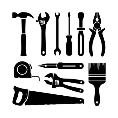 Çekiç, anahtar, tornavida, pense, mezura, mezura, testere ve fırça gibi çeşitli el aletlerinin vektör sanatı