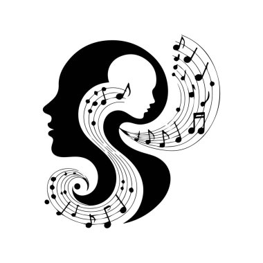 Müzik notalarının aktığı, müzik konseptini ve yaratıcı ilhamı aktaran bir kafa siluetinin vektör sanatı