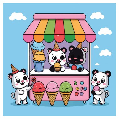 Şirin pandaların vektör sanatı. Mavi gökyüzünün altında dondurma satıyorlar. Tatlı bir dükkanda bulutlar var.