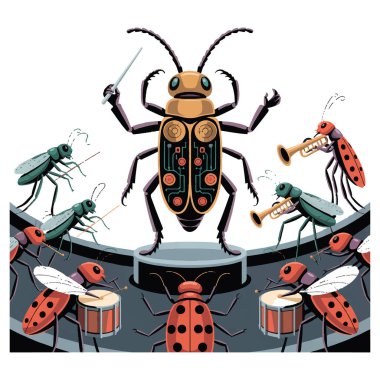 Büyük bir böceğin yönettiği bir böcek orkestrasının vektör sanatı, davul ve trompet çalan böcek müzisyenleri içeriyor.