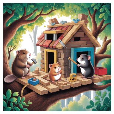 Şirin hamsterların ormandaki bir ağaç dalına ev inşa etme vektör sanatı. Tapılası hayvanlar doğadaki inşaat projesinde birlikte çalışıyorlar.