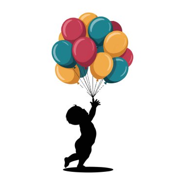 Bir avuç renkli balon tutan bir çocuğun silüeti.