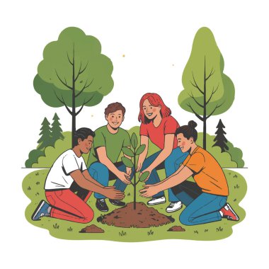 Çevre koruma ve sürdürülebilirliği sembolize ederek bir parkta ağaç diken çeşitli gençlerin vektör sanatı