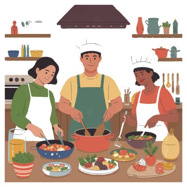 Bir grup arkadaşın mutfakta birlikte yemek pişirme, yemek hazırlama ve mutfak ortamında birbirlerine eşlik etme sanatı.