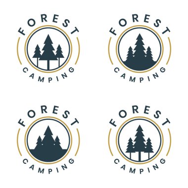 Orman kamp logosu ve çam ağaçları.