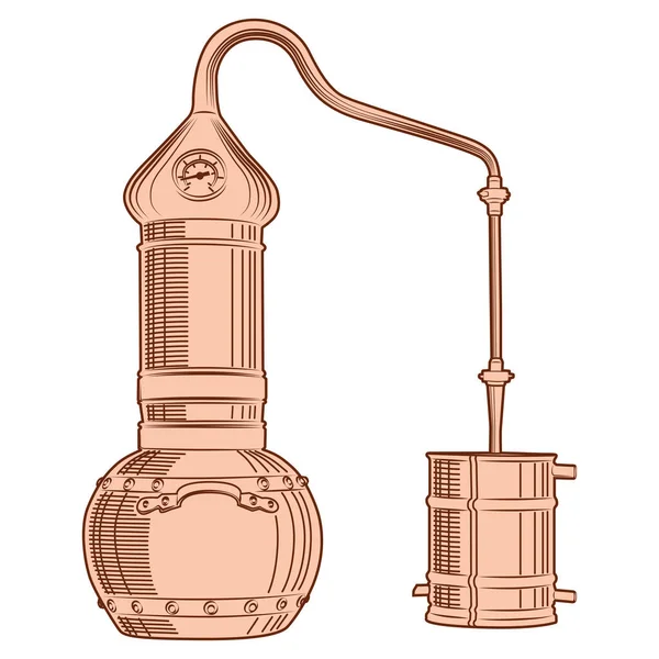 Cooper alembic. Damıtılmış alkol. Tekila, konyak ve içki hazırlamak için bir cihaz. Robot resim. Beyaz arkaplanda izole. 