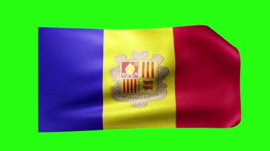 Andorra bayrağı. Yeşil arkaplandaki animasyon döngüsü. Görüntü. Rüzgarda bayrak, krom anahtar. 4 bin. 3 Boyutlu Hazırlama.