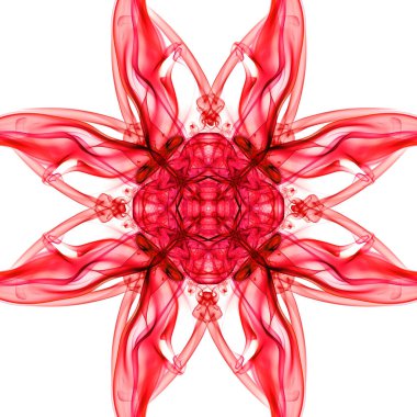 Kırmızı duman güzel, simetrik, çiçek şeklinde bir tasarım yaratıyor. Temiz beyaz bir arkaplana karşı.