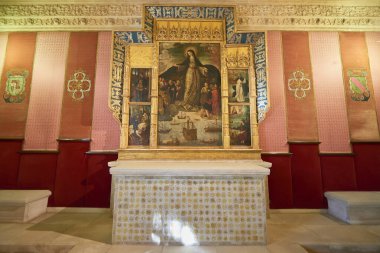 Seville, Endülüs, İspanya, Avrupa. Denizcilerin Bakiresi Sunağı, 1535, Alejo Fernandez..