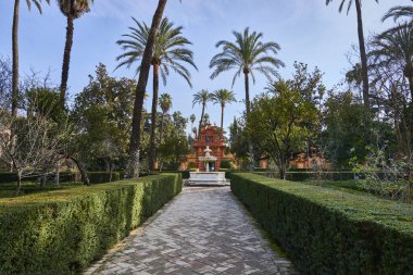 Reales Alcazares, Seville 'deki Gardens. İspanya' nın Endülüs kentindeki eski bir Fas Sarayı 'ndan geliştirildi.