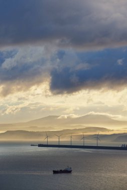 Bilbao, Biscay, Bask Ülkesi, Euskadi, Euskal Herria, İspanya, Avrupa Limanı 'ndaki Rüzgar Türbinleri ve Kargo Gemisi