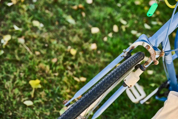 Ön tekerlek ve fren ayrıntıları çimen arka planında dinamo antika bisiklet ile.