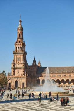 İspanya, Sevilla Plaza de Espana manzarası 1929, Seville, Endülüs, İspanya ve Avrupa 'daki İbero Amerikan Sergisi için inşa edilmiştir..