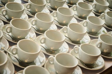 Sıralar dolusu temiz beyaz porselen bardak ve kaşıklı çay tabakları bir konferansta, etkinlikte ya da kahvaltıda içeceklere hazırdır.