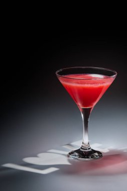 Karanlık bir arka planda martini bardağında kırmızı kokteyl romantik bir aşk gölgesi yaratıyor, romantizmi ve kutlamayı simgeliyor.