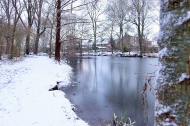Kar, soğuk su ve sessiz ışık altında uzak evlerin olduğu bir kış parkı sahnesi. Görüntü soğuk bir kış gününün dinginliğini yansıtıyor..