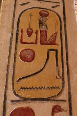 Hiyerogliflerle kaplı ayrıntılı bir fresk antik mezar duvarını süslüyor. Yazıtlar antik Mısır 'ın dini inançlarını ve kraliyet geleneklerini yansıtıyor..