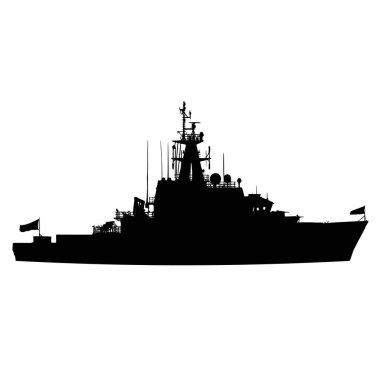 Beyaz arka planda askeri geminin siyah beyaz silueti..