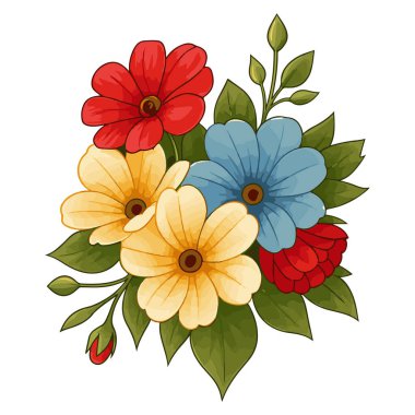 Bir buket çiçek. Çiçekli botanik çiçeği. Bahar yapraklı kır çiçeği. Suluboya çizim. arkaplan, doku, desen, wra için akvaryum yaban çiçeği